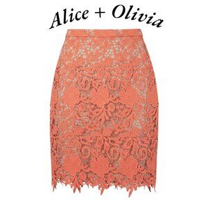 Alice + Olivia Orange Lace Floral Pencil Skirt Size 2 Designer Statement